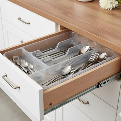 Hega Hagor bestekbak - bestekhouders - 5-vaks - parel wit - 34 x 25 x 4 cm - Keuken opberg accessoires