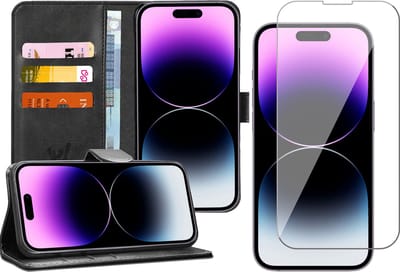 Hoesje geschikt voor iPhone 14 Pro - Book Case Kunstleer Wallet Cover Portemonnee Pasjeshouder Hoes Zwart - Tempered Glass Screenprotector