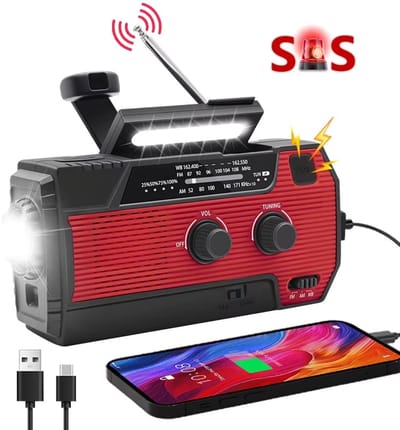 Draagbare noodradio - Powerbank 4000 mAh - Zaklamp - Solar opwindbaar - SOS alarm - USB-C kabel - Noodpakket - Rood