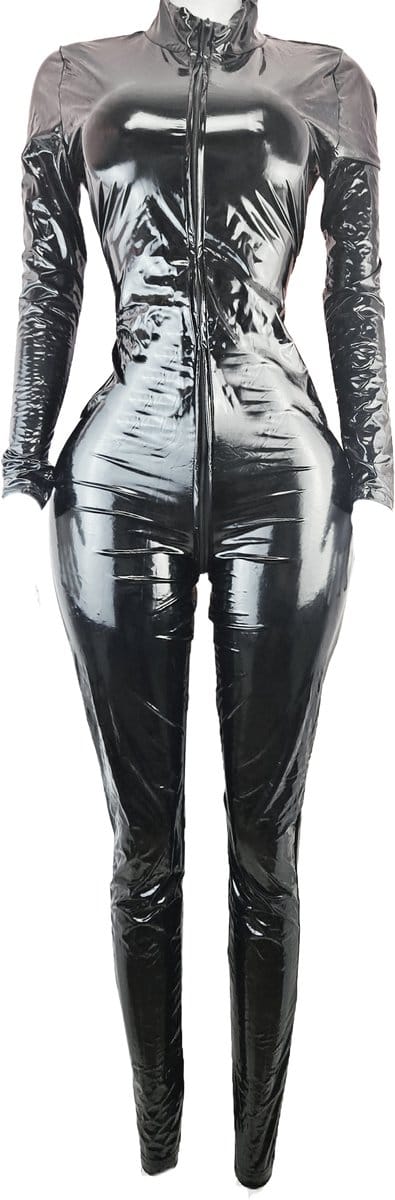BamBella ® - Jumpsuit - Maat S/M - Datex (Mix van latex en stof) wetlook pak overall zwart