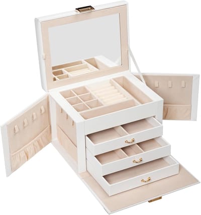 4-laagse Sieradenbox met 3 Laden, Draagbare Sieradenopberger met Handvat en Sluiting, Organizer met Spiegel voor Kettingen, Ringen en Oorbellen, Wit