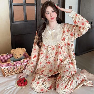 Plus-size pyjama's voor dames, pyjamaset met bloemenprint, tops met lange mouwen + broek, geplooide huiskleding, huidvriendelijk 5XL black