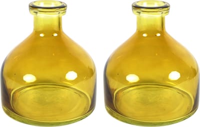 Countryfield Bloemenvaas Low Bottle - 2x - transparant mosterdgeel - glas - D18 x H20 cm - Buikfles