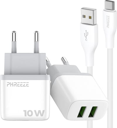 Phreeze usb oplader 2.4 A - Usb naar usb C kabel - 1 meter - Dubbele usb poort lader voor draadloze speaker koptelefoon powerbank smartphone tablet ereader