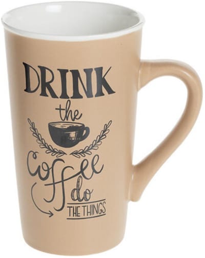 Secret de Gourmet hoge koffie mok / beker met oor - beige - keramiek - 500 ml - koffie print - servies - warme dranken