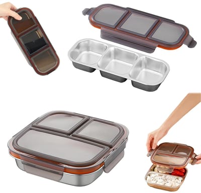 Broodtrommel van roestvrij staal, broodtrommel met drie vakken, lekvrij, lunchbox van roestvrij staal, voor snacks, noten, koekjes, fruit, groenten, lunch