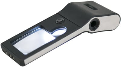 Multifunctionele, draagbare loep in de stijl van een mobiele telefoon met licht voor het verifiëren en lezen van bankbiljetten - zwart