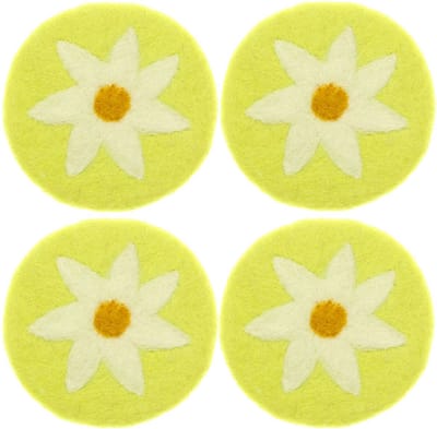Onderzetters Vilt - Set 4 stuks - Groengeel met Witte Margriet - 10 cm - Fairtrade Sjaalmetverhaal