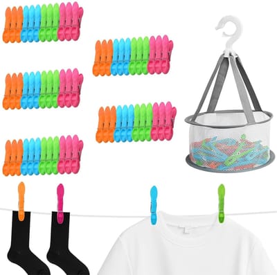 Dailygoods- Wasknijpers 60 Stuks - Wasknijpermandje - Winddichte Wasknijpers - Ademend Speldje - Antisliphandvatten - Roestvrijstalen Veerveren - Waslijnclips