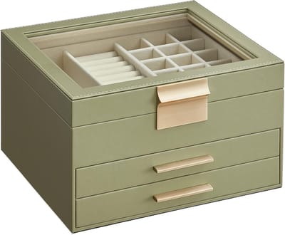 Famanu - Sieradendoos 3 lagen met glazen deksel en 2 laden, moderne juwelendoos – avocadogroen goudkleurig