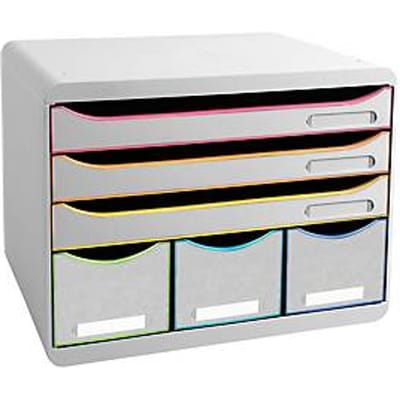 Exacompta STOREBOX Wit/Harlekijn, 6 open laden A4+ liggend, 27 cm diep, geruisloze uittrekelementen, veiligheidsstop, 25 jaar