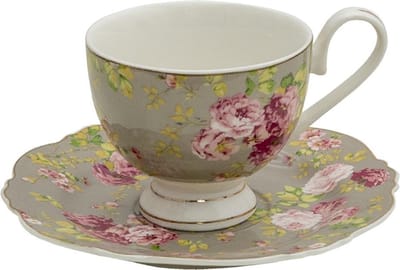 Clayre & Eef Kop en Schotel 200 ml Groen Wit Porselein Bloemen