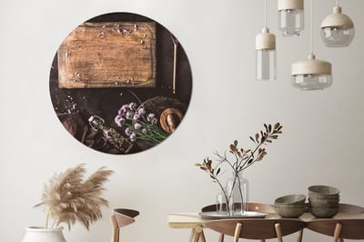 WallCircle® Wandcirkel 140x140 cm - Muurcirkel Snijplank - Kruiden - Lepel - Keuken - Rustiek - Vijzel - Bieslook - Muurdecoratie woonkamer - Wanddecoratie slaapkamer - Kamer decoratie accessoires - Ronde schilderijen
