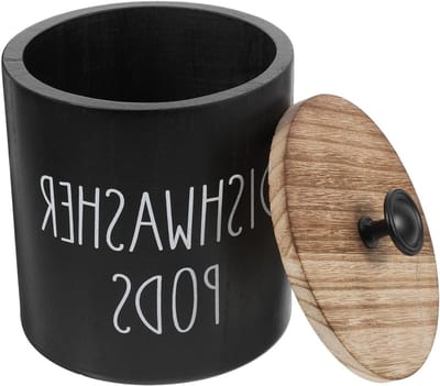 Opslagcontainer voor afwasmiddeltabletten - Houten organiser met deksel voor thuisgebruik, 16 x 13 x 13 cm, zwart, ideaal voor keuken en badkamer