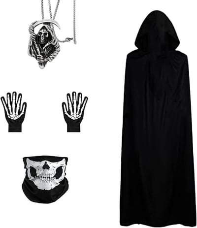 Halloween Kostuum Set voor Mannen - Zwarte Cape, Schedelmasker, Skelet Handschoenen en Ketting voor Feestjes en Verkleedpartijen