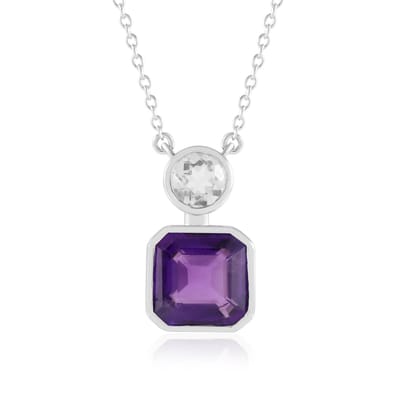 Cavill - Zilveren Halsketting 925 Sterling Zilver Geplatineerd - 3,949 ct Zambia Amethist Asscher - 0,744 ct Witte Kwarts - Elegante Bezelzetting