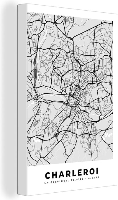 Canvas Schilderij Stadskaart – Zwart Wit - Kaart – Charleroi – België – Plattegrond - 20x30 cm - Wanddecoratie