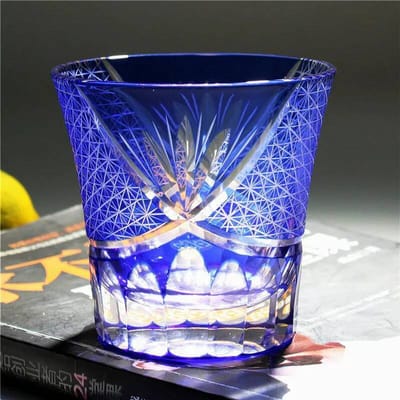 Meest kosteneffectieve Edo Kiriko Glas Handgesneden Gekleurd Kristal Whiskeyglas Wijnglas Wijnglas Fijn Tafelgerei Houten Geschenkdoos 260ml blue