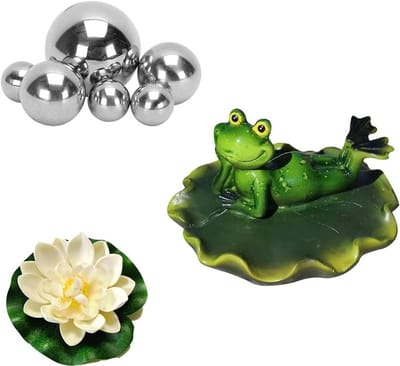 Mini Vijverdecoratie Set met Liggende Frog op Lotusblad, 6 Zilveren Ballen en 2 Lotusbloemen voor Tuinvijvers en Fonteinen