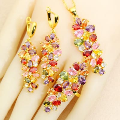 Ensembles de Bijoux de Luxe Multicolores en Cristal Plaqué Or Boucles d'Oreilles Collier Pendentif Bague Bracelet Bijoux Pour Femmes Cadeau de Mariage 10