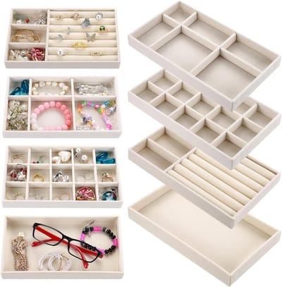 Sieradenopslag voor Laden met 4 Compartimenten, Stapelbare Sieradenbakjes, Organizers voor Armbanden, Ringen en Oorbellen, Ideaal voor Make-up Tafels