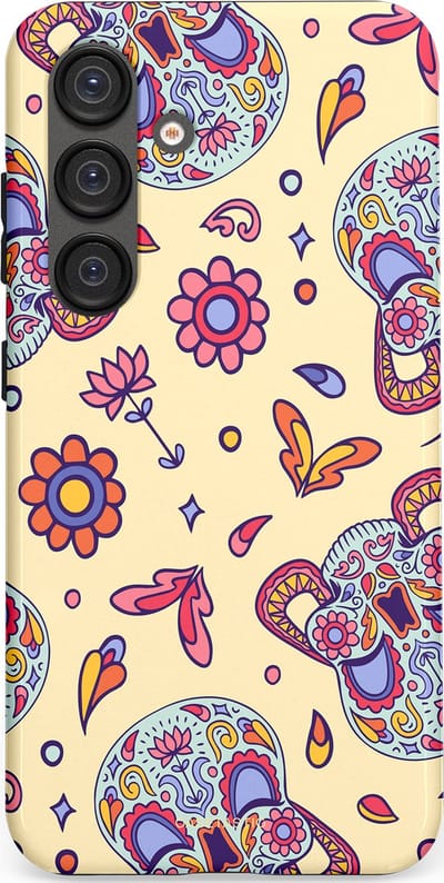 Casetastic hoesje geschikt voor Samsung Galaxy S25 - Dubbellaagse bescherming - Dia de los Muertos Doodshoofd Bloemen - Fashion Case - Crème Lila Zilver