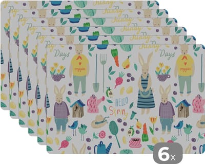 Placemat - Placemats kunststof - Patronen - Konijn - Lente - Tuin - 45x30 cm - 6 stuks - Hittebestendig - Anti-Slip - Onderlegger - Afneembaar