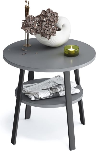 Bijzettafel Rond - Salontafel Nachtkastje - Woonkamer Inrichting - Twee Lades - Ø 43xH 44 cm - Grijs