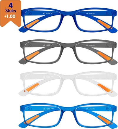 Amazotti Milano Leesbrillen +1.00 – Set van 4 – Trendy & Comfortabel – Italiaans Design – Lichtgewicht Kunststof – Dames & Heren – Blauw, Grijs, Transparant – Leesbril met Sterkte