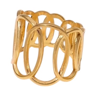 Aramat Jewels | Ringen | RVS Verstelbare Open Ring - Overlappende Ovalen - One Size | Goudkleur | |20mm | Staal | Volwassenen | Verkleurd niet