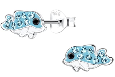 Joy|S - Zilveren baby dolfijn oorbellen - 10 x 5 mm - blauw met blauw kristal - kinderoorbellen