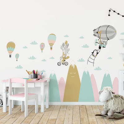 Kinderstickers met Scandinavische bergen en grappige dieren, 110 x 165 cm