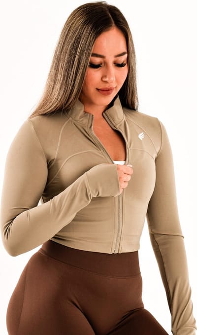 Dames sportvest slim fit – licht & ademend voor warming-up en onderweg – DM Training Essentials Jacket (cacao)