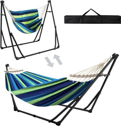 Hangmat met Standaard - Hangstoel - Tuinhangmat - 200 kg Capaciteit - Robuuste Stof - Heavy Duty Stalen Standaard - Draagtas Inbegrepen - voor Buiten - Balkon - Terras - Tuin - 180 x 130 cm - Blauw en Groen