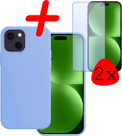 Hoesje Met 2x Screenprotector - Geschikt voor Apple iPhone 15 - Sterk & Shockproof - Back Cover - Siliconen Case - Telefoon Hoes - Lichtblauw
