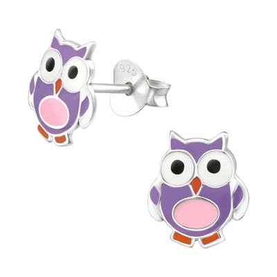 Aramat Jewels | Oorbellen | Zilveren Uiltjes Oorbellen Meisje – 925 Zilver – Paars Roze Emaille – 8mm – Kinder Oorstekers | | | |8mm | Zilver | Kinderen | Verkleurd niet