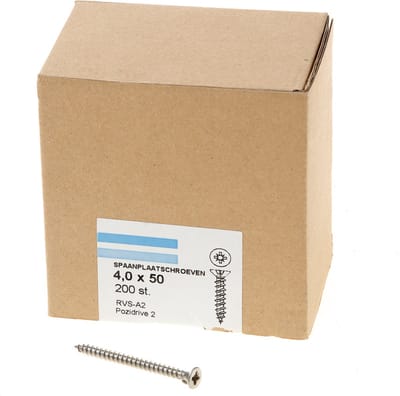 Hoenderdaal Spaanplaatschroef RVS platverzonken kop PZ2 voldraad 4.0X50 (per 200 stuks)