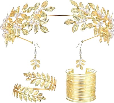 Griekse Godin Kostuum Accessoires Set met Hoofdband, Haarbanden en Blad Gouden Sieraden voor Feest en Bruiloft