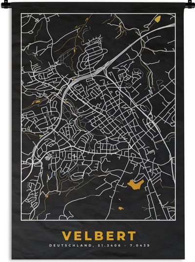 Wandkleed - Wanddoek - Plattegrond – Velbert – Goud – Stadskaart – Kaart - Duitsland - 120x180 cm - Wandtapijt