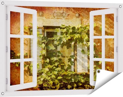 Gards Tuinposter Doorkijk Raam met Luiken - 90x60 cm - Tuindoek - Tuindecoratie - Wanddecoratie buiten - Tuinschilderij