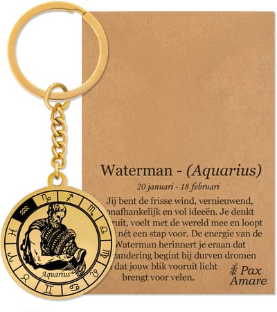 Sterrenbeeld Waterman (Aquarius) Sleutelhanger op Cadeau Kaartje – Spiritueel Cadeau van Roestvrij Staal – Goudkleurig – Pax Amare