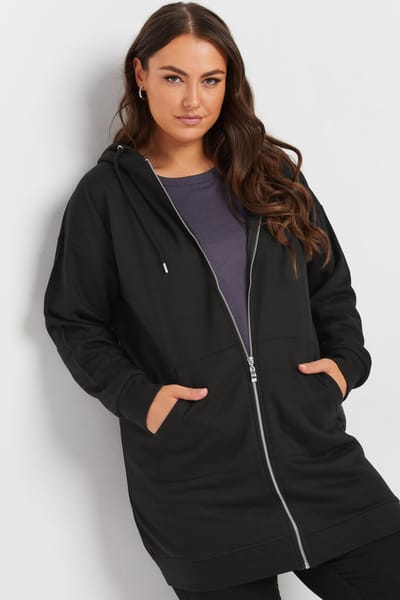 Yours Lange Hoodie Met Rits & Zakken In Zwartsize 42