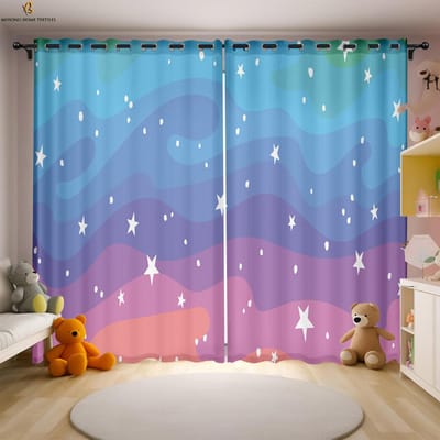 Cartoon Ster Maan Print Gordijnen Slaapzaal Woonkamer Slaapkamer Kinderkamer Raamdecoratie Gordijnen 2 Stuks W50xH130(CM)x2PCS&Rod pocket blue