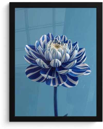 Poster in lijst - Fotolijst 30x40 cm - Posters - Bloem - Blauw - Bloemblaadjes - Streepjes - Posterlijst zwart - Decoratie - Wanddecoratie woonkamer - Muurdecoratie slaapkamer