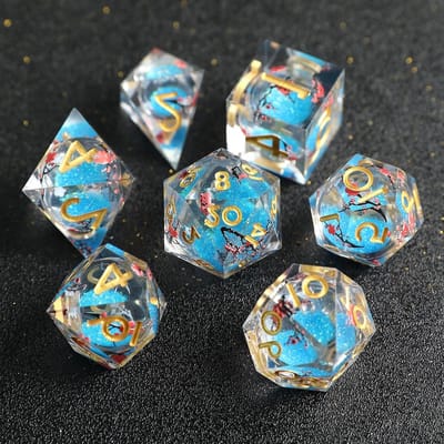 Vloeibare Kern Dobbelstenen - Set met 7 - Rollenspellen Spelen - Uniek Drijvzand Effect - 7 Stuks - Bloesem Blauw