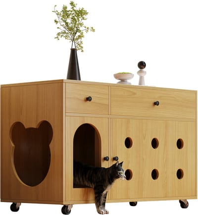 Kattenbak kast - ROLIPO - kattenbakmeubel - kattenbak ombouw - kattenhuis - kattenmeubel met lades, afneembare zandopvangplaat, wielen en ventilatie - 100 x 45 x 66 cm - naturel