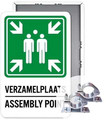 BHV Verzamelplaats – Assembly Point bord - Weerbestendig Aluminium - 30x45 cm - Bevestiging: Met paalbeugels Ø48mm