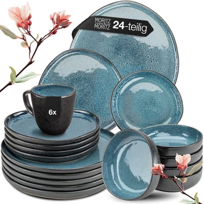 Moritz & Moritz ORGANIC Serviesset 6 Persoons - 24-delig Servies Set met Dinerbord, Soepbord, Dessertbord en Kopje - Steengoed - Blauw