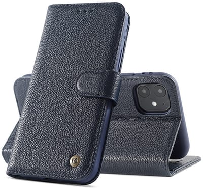 Echt Lederen Book Case Hoesje - Leren Portemonnee Telefoonhoesje - Geschikt voor iPhone 12 Mini - Navy