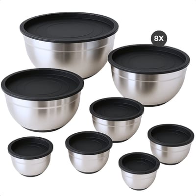 Cheqo® RVS Mengkommen Set - Beslagkommen Set - Mixkom - Kommen Stapelbaar en Met Deksel - 8-delige RVS Beslagkommen